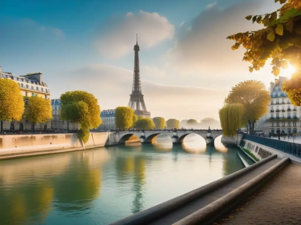 Río Sena: la esencia de la historia parisina El Río Sena serpentea majestuosamente por París en una mañana brumosa, con la Torre Eiffel de fondo