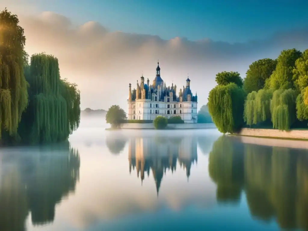 Mañana mágica en el río Loira con el Château de Chambord emergiendo de la niebla