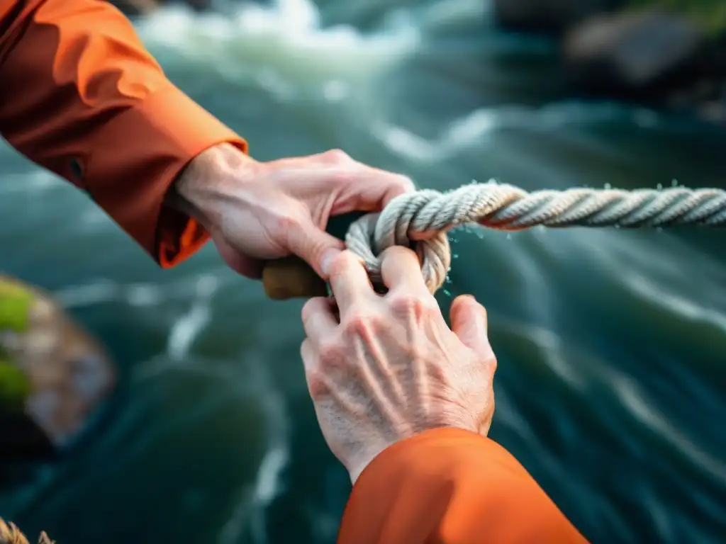 Maestría en nudos: desafío en río turbulento Manos expertas atando un nudo en un río turbulento, reflejando técnicas de supervivencia en ríos