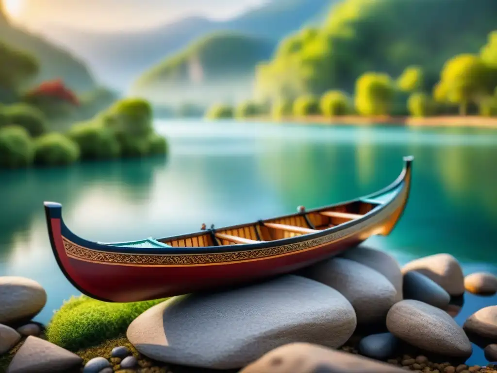 Réplica de canoa de madera tallada con detalle en un paisaje fluvial sereno Maqueta de embarcación tradicional en un río sereno, detallada y decorada con tallados intrincados y patrones coloridos
