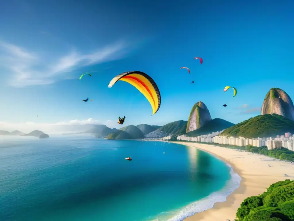 Espectáculo de cometas coloridas en Río de Janeiro Una maravillosa vista de cometas coloridas en el cielo sobre una playa de Río de Janeiro