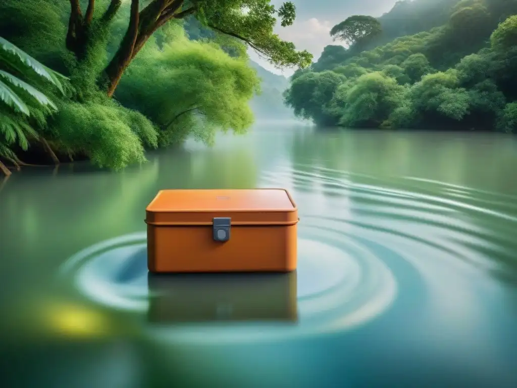 Caja resistente a prueba de agua flota en río sereno Mejores sistemas almacenamiento impermeables ríos: caja flotando en río sereno entre vegetación y luz solar