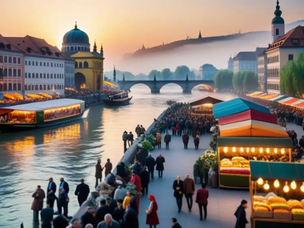 Mercado multicultural a orillas del Danubio: escena urbana vibrante Mercado colorido a orillas del Danubio, reflejo de la integración cultural en la planificación urbana de la ciudad