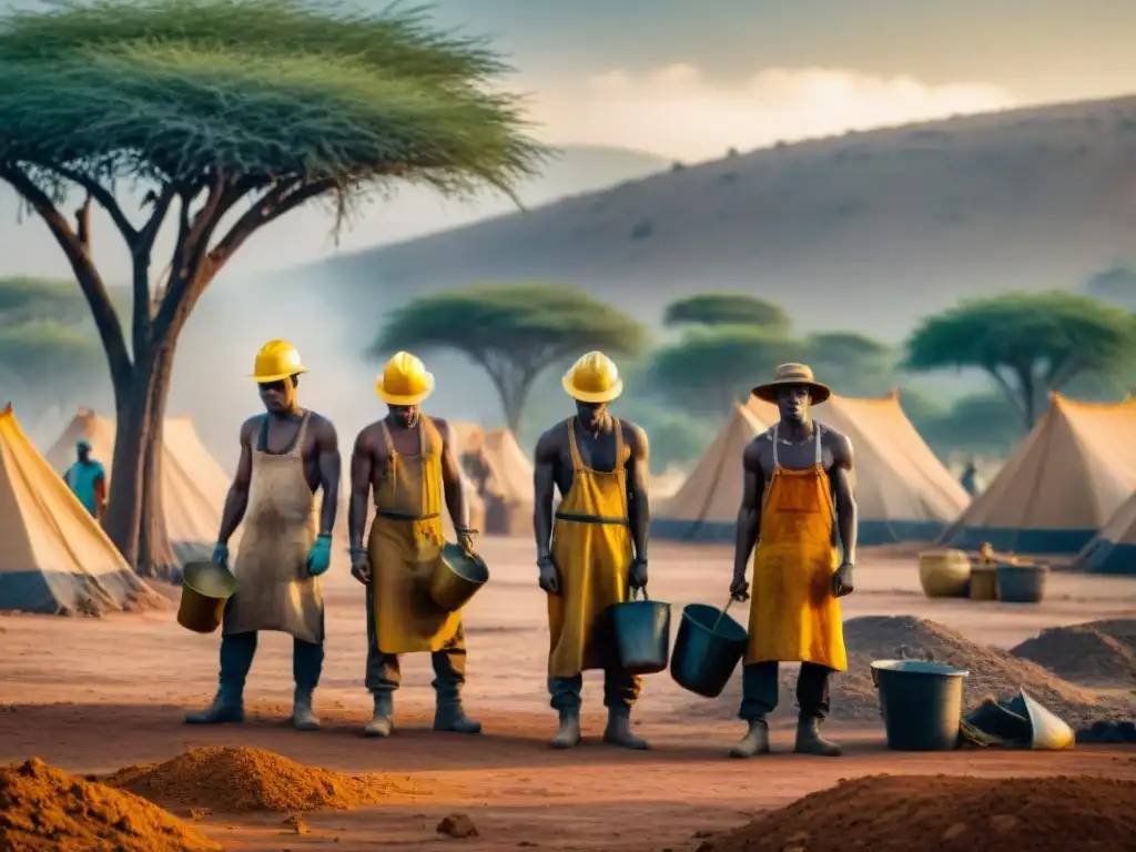 Mineros locales en África, cubiertos de polvo dorado, buscando oro bajo el sol
