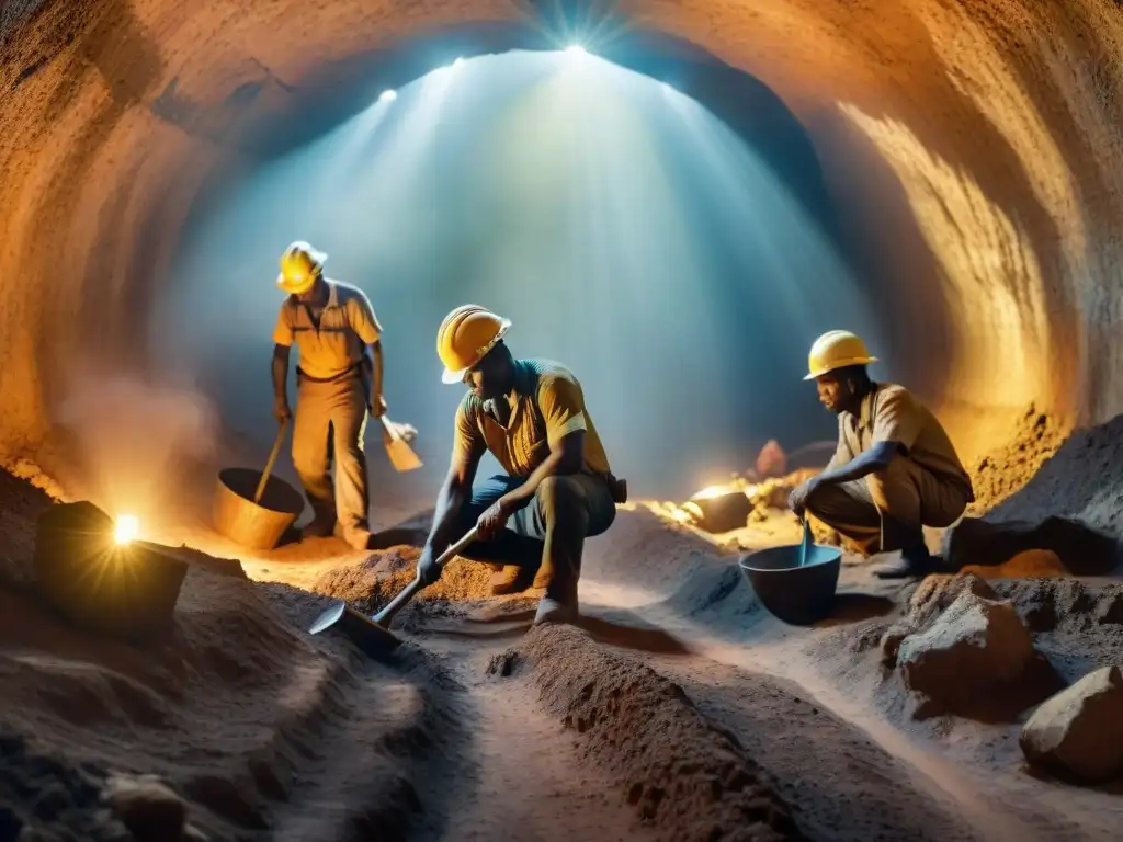 Mineros locales excavando bajo el sol africano, con oro brillando en la oscuridad