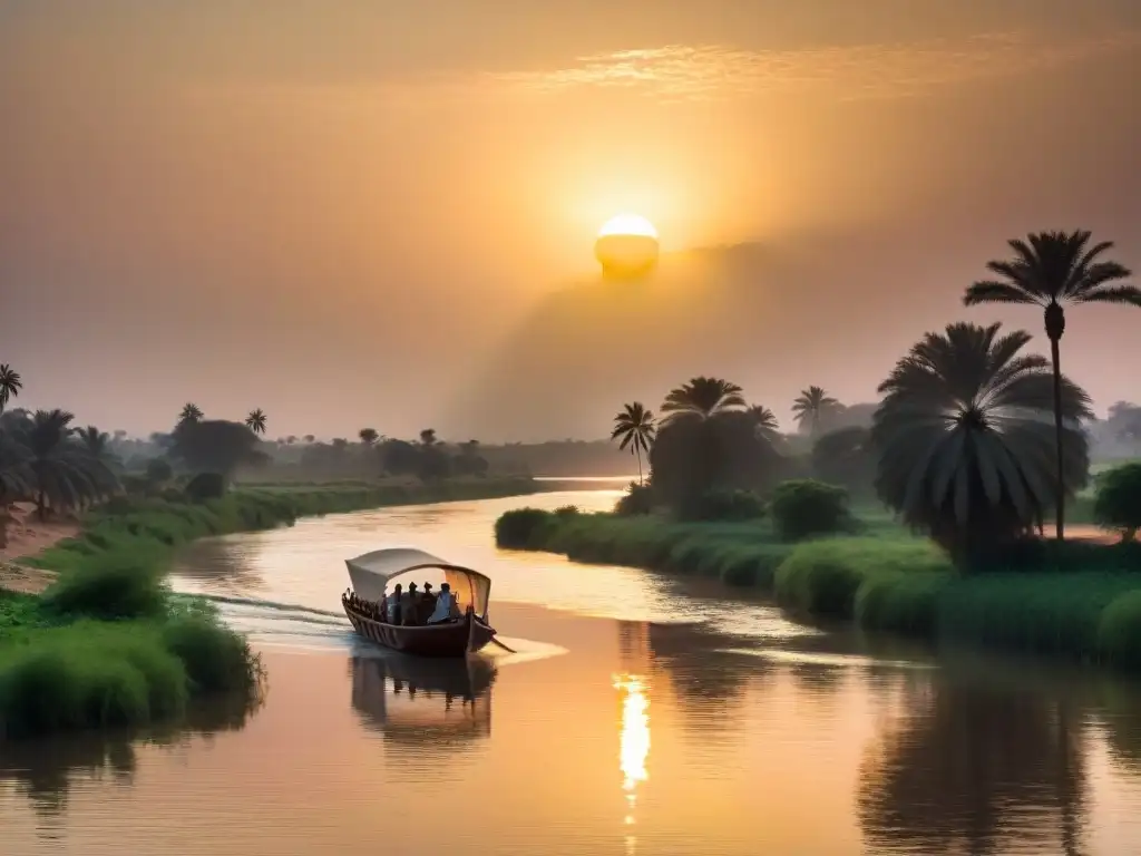 El misterio y la grandeza del Nilo al atardecer, reflejando su serena presencia