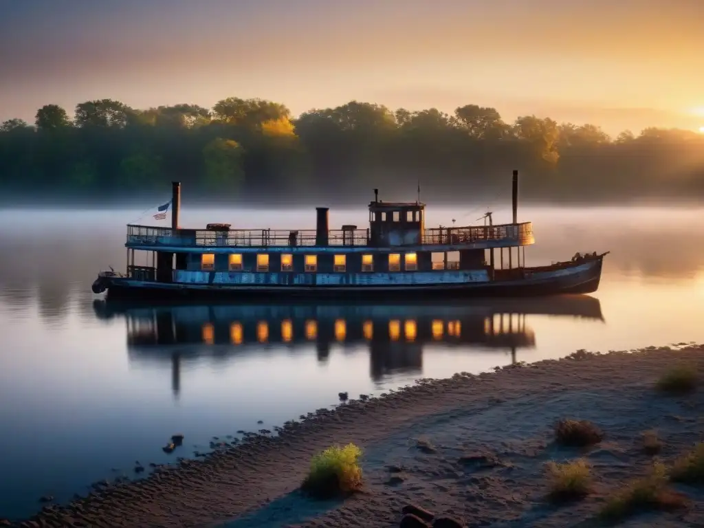 Fantasmagórica niebla sobre el río Mississippi al atardecer Misteriosa niebla sobre el Río Mississippi al atardecer con un barco abandonado, creando un escenario de historias recientes de fantasmas