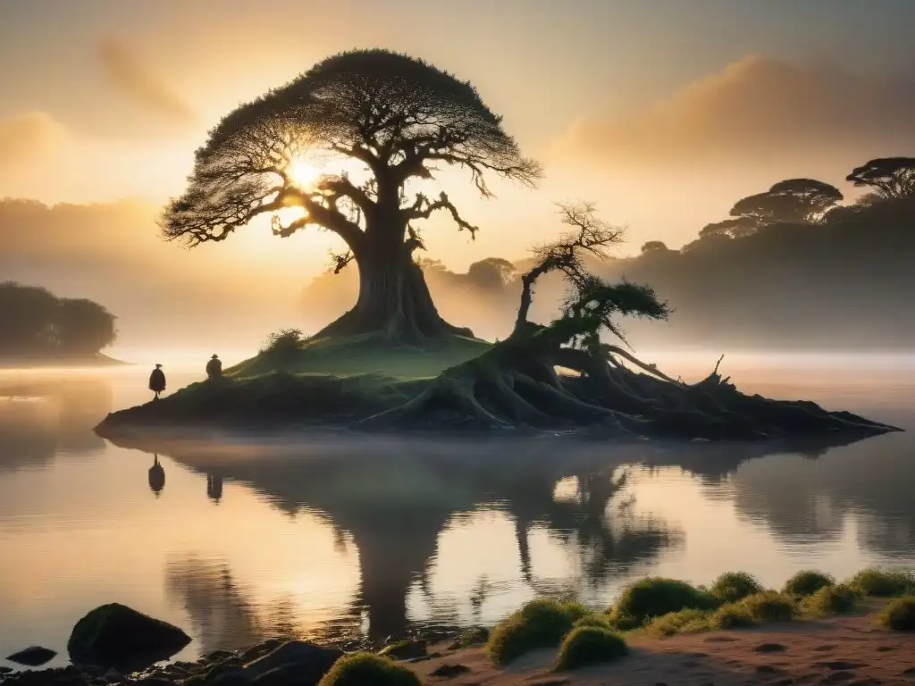 Misterio en el Río de la Plata al amanecer Misteriosa niebla sobre el Río de la Plata al amanecer, con árbol ancestral y figura fantasmal, evocando historias y leyendas