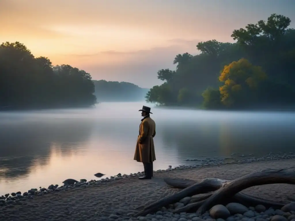 Misterio en el Mississippi: el río de las leyendas Un misterioso atardecer en el Río Mississippi, con niebla y la silueta de una figura, evocando las historias recientes de fantasmas