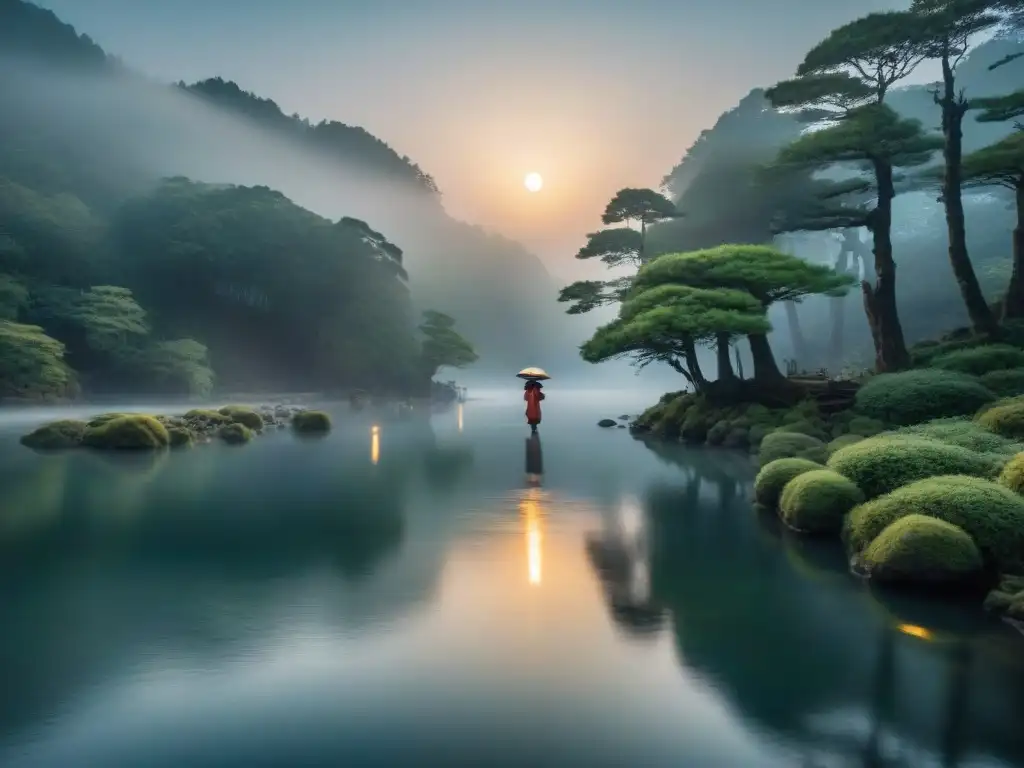 Figura misteriosa en río japonés al anochecer Un misterioso río en Japón al anochecer, con una figura solitaria en vestimenta tradicional sosteniendo una linterna
