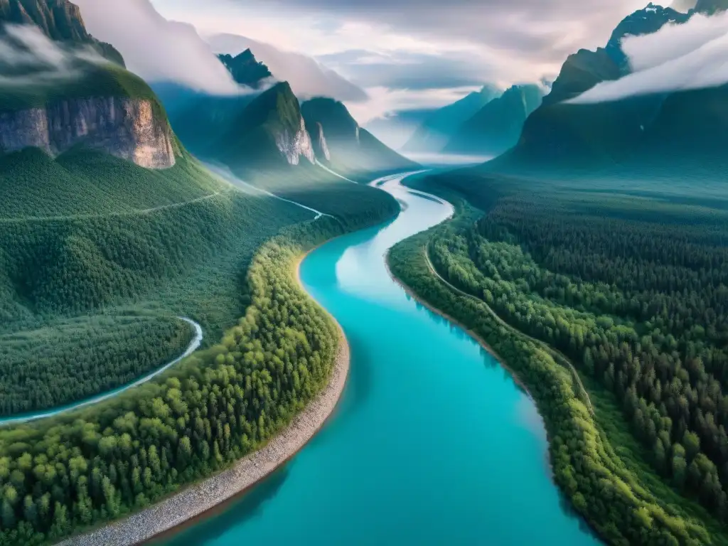 Río Ob: majestuoso paisaje siberiano El misterioso río Obi serpentea entre la majestuosa Siberia, rodeado de densos bosques y montañas nevadas bajo un cielo dramático