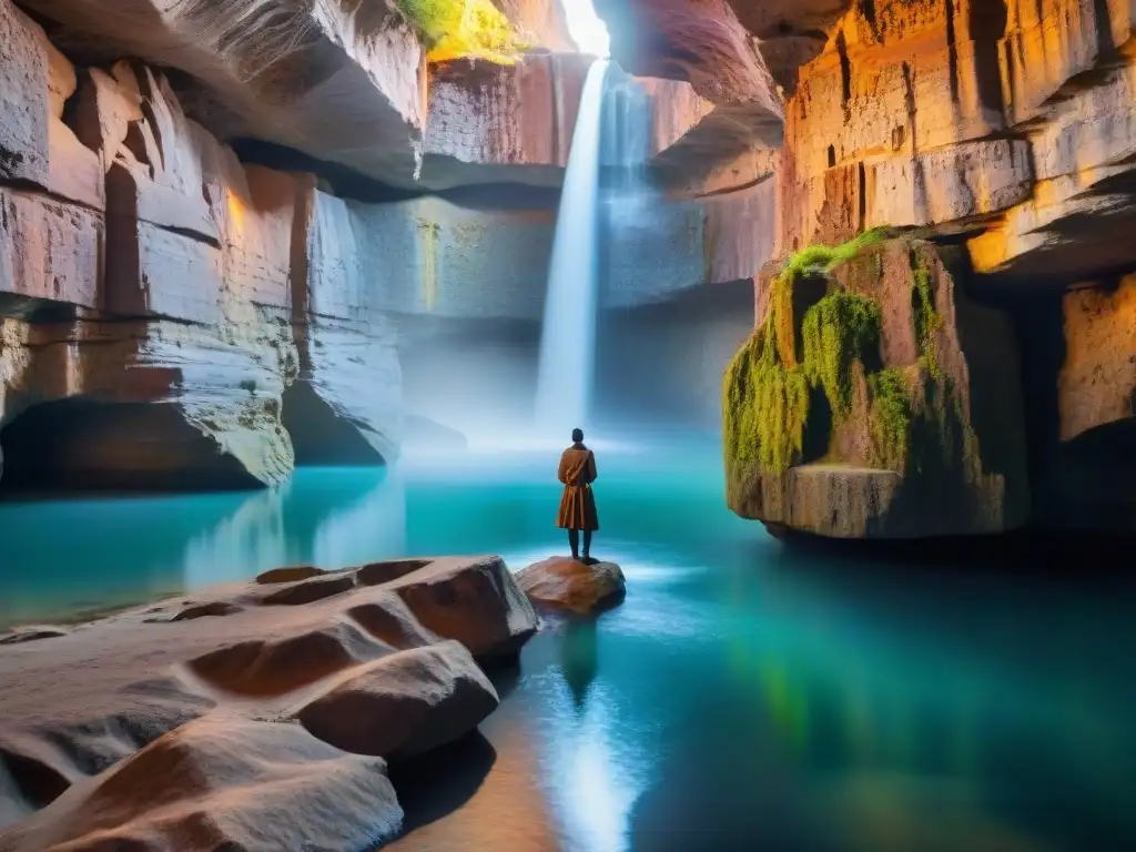 Misteriosos ríos subterráneos ancestrales iluminados por la influencia presente de la luz etérea filtrándose a través de la roca