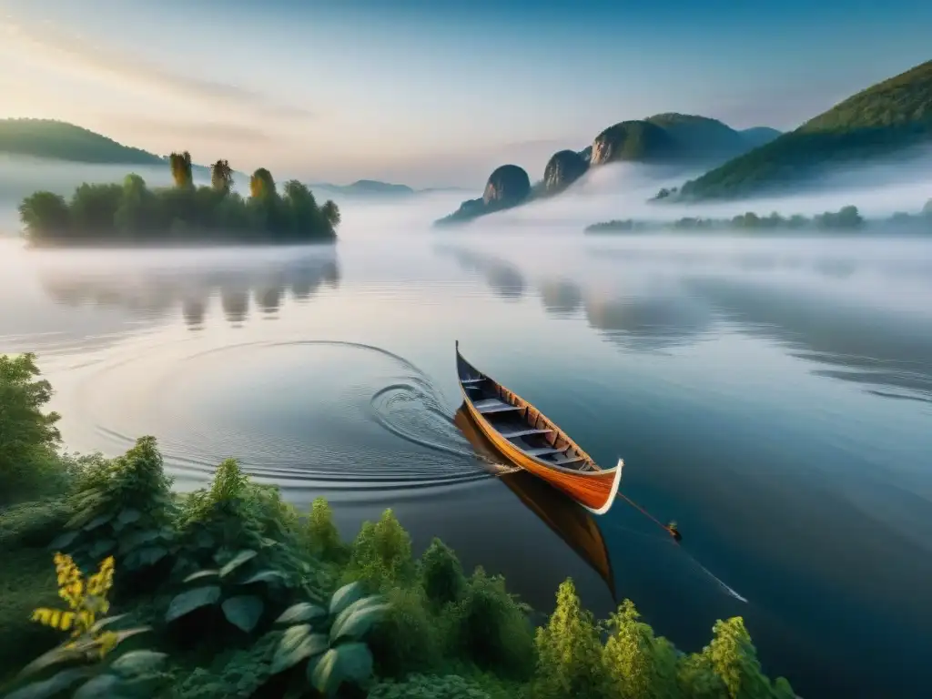 Misteriosa neblina en el río Volga: barcaza ancestral Exploración mística del río Volga, barca tradicional surcando aguas calmas y bosques antiguos