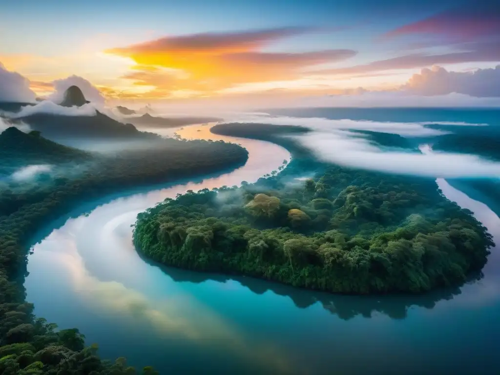 Amazonas dorado: majestuoso río en la selva tropical El mítico río Amazonas serpenteando entre la exuberante selva bajo un amanecer dorado, reflejando la misteriosa belleza de los legendarios ríos