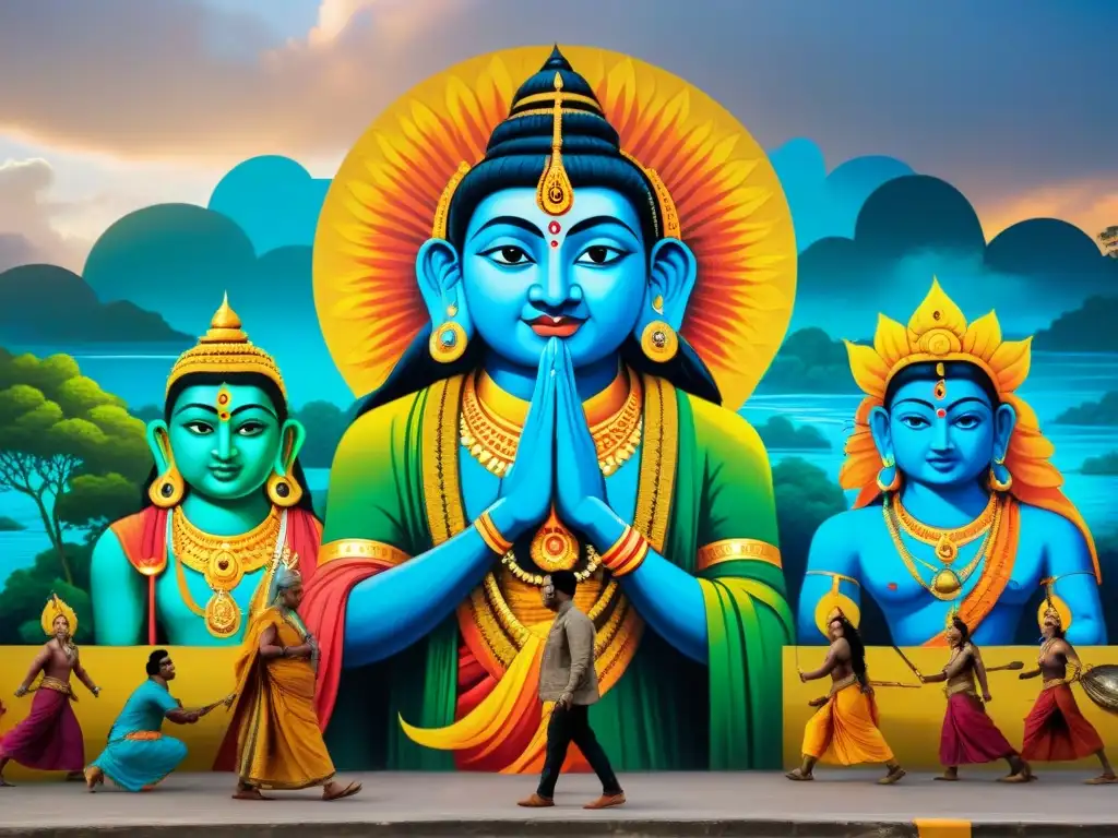 Mural épico de la mitología india en la ciudad Un mural vibrante y dinámico de deidades y demonios en el río Brahmaputra, una mezcla impactante de arte tradicional y contemporáneo