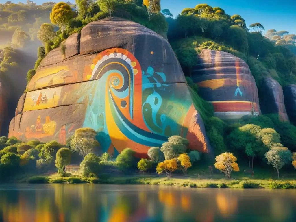 Un mural vibrante de mitología aborigen en la roca junto al río