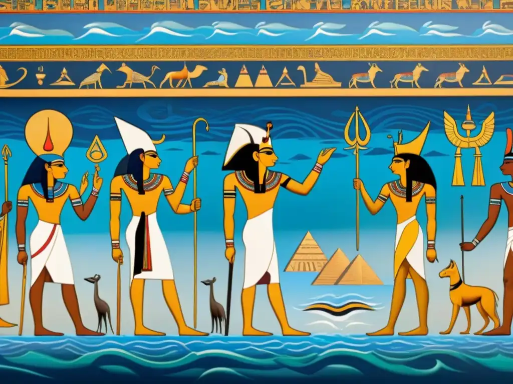 Murales egipcios en el Nilo: mitos y leyendas Murales detallados de dioses egipcios junto al Nilo, revelando los misterios del Nilo geografía cultura en colores vibrantes