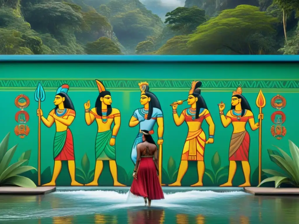 Mural vibrante: dioses mayas y criaturas míticas junto al río Grijalva Murales vibrantes de dioses mayas y criaturas míticas en el Río Grijalva, entre selva y montañas mistícas