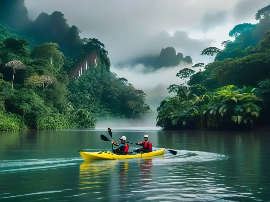 Navegación en kayaks por la exuberante Amazonía con trajes de neopreno resistentes para deportes acuáticos