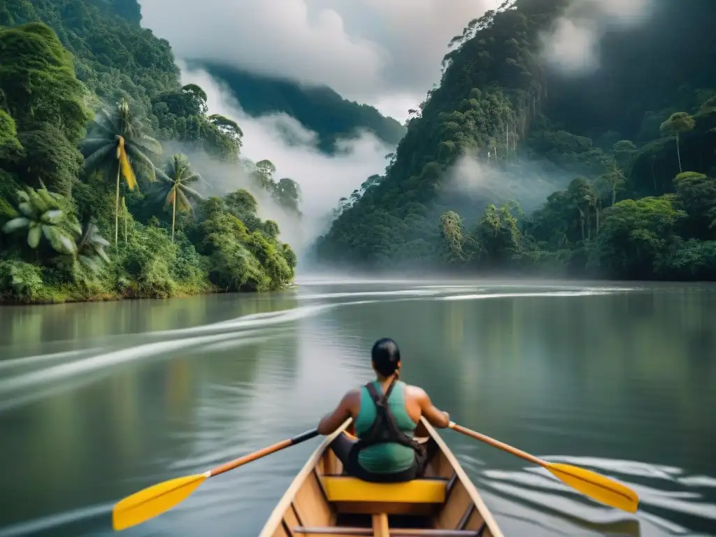 Arte ancestral: indígenas navegando en canoa por selva exuberante Navegación fluvial: indígenas expertos manejan canoa tradicional en río serpenteante entre exuberante selva