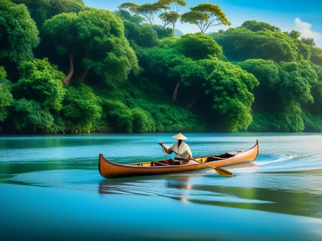 Canoa de madera antigua navegando en río sereno Navegación fluvial evolución historia: Canoa de madera ancestral deslizándose por un río sereno, rodeada de naturaleza exuberante y cielo azul