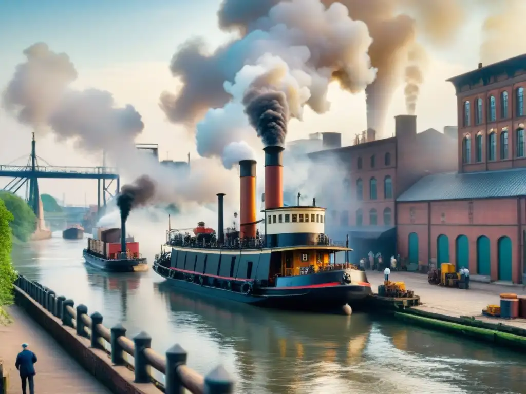 Vaporosa historia: un barco a vapor en plena Revolución Industrial Navegación fluvial evolución historia: Un vapor histórico en río industrial, trabajadores cargan y descargan mercancías en un animado muelle