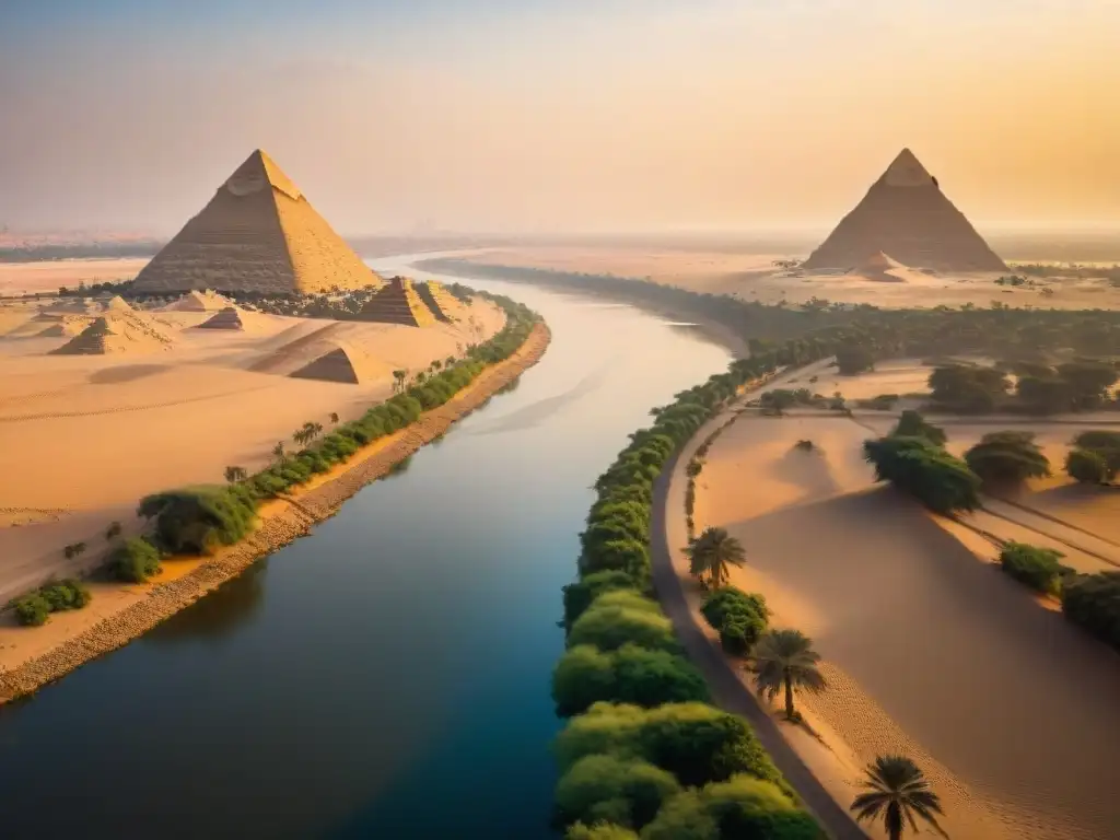 Río Nilo al atardecer: belleza eterna en Egipto El Nilo en la literatura egipcia: reflejos dorados del atardecer sobre el majestuoso río, con las pirámides al fondo