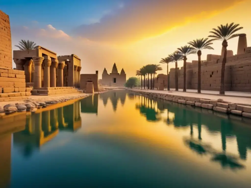 Esplendor del Nilo en Templo de Karnak al atardecer El Nilo fluyendo majestuoso junto a Karnak al atardecer, reflejando la conexión entre el río y la civilización egipcia