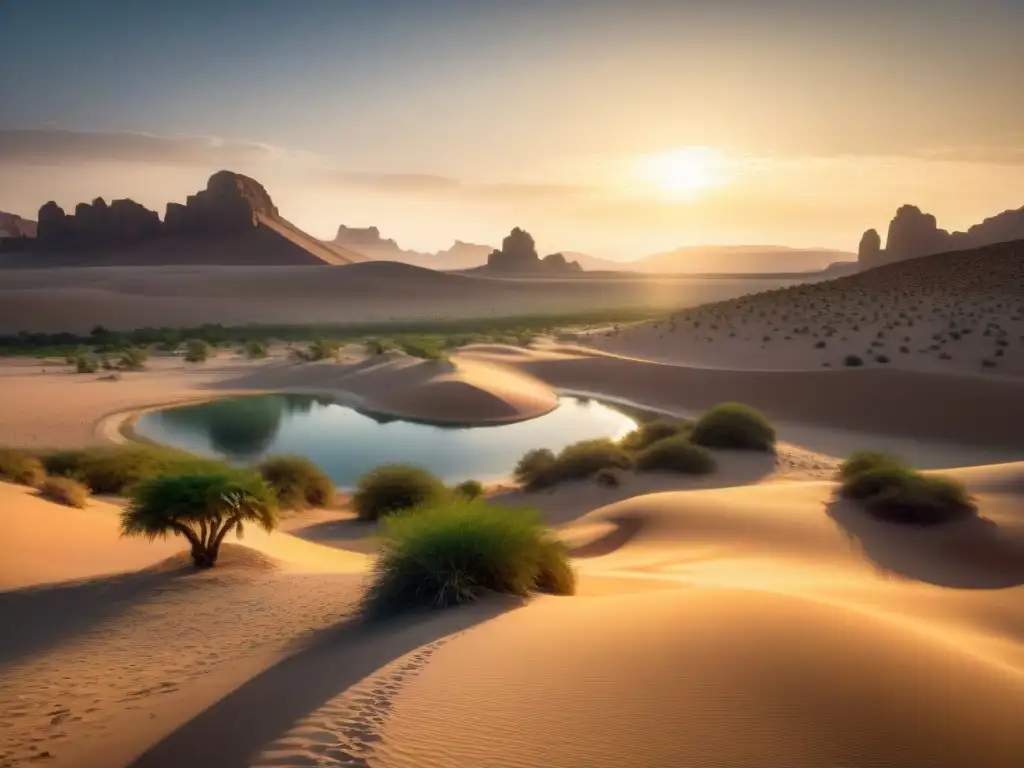 Oasis de Zerzura: Misterio dorado al anochecer Un oasis misterioso al atardecer, con palmeras y aguas brillantes