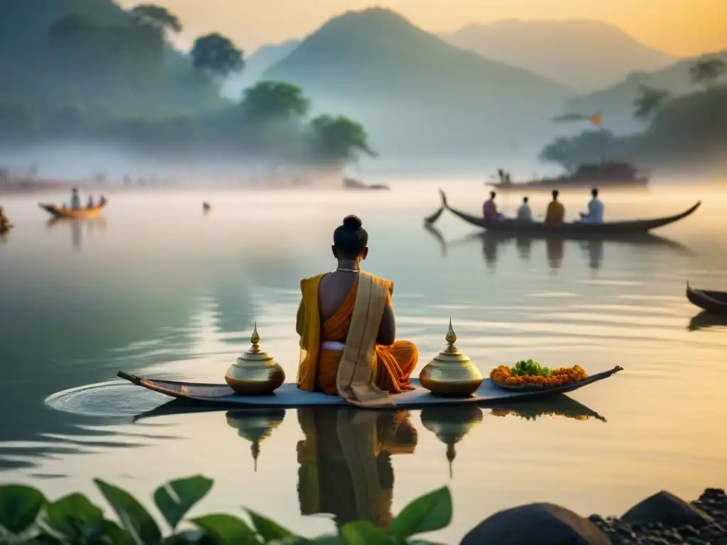 Ritual sagrado al amanecer en el río Brahmaputra Ofrendas a Deidades y demonios río Brahmaputra al amanecer, devotos en ritual tradicional