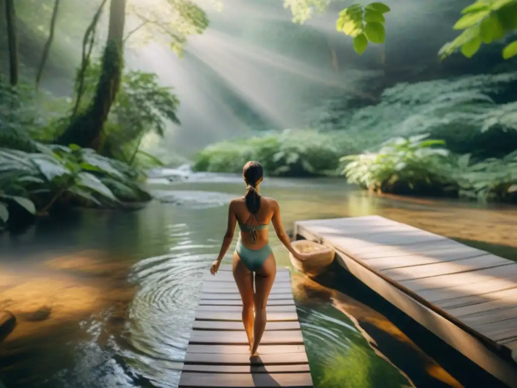 Terapia energética en spa de río: conexión y sanación en la naturaleza Paciente recibiendo terapia energética en balneario fluvial, rodeado de naturaleza serena