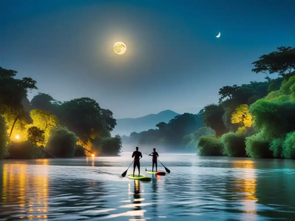 Remo nocturno: Paddleboarders iluminados en un río sereno Paddleboarding nocturno en ríos emblemáticos bajo la luna y luces LED