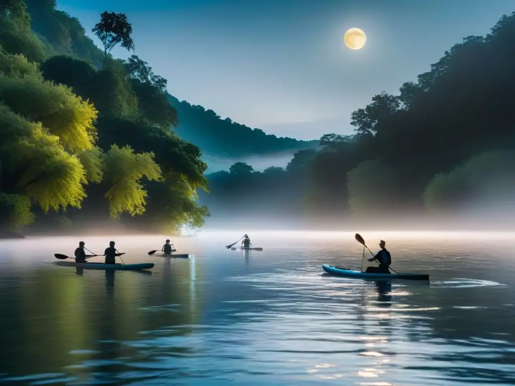 Paddleboarding nocturno: serena travesía bajo la luna en río majestuoso Paddleboarding nocturno en ríos emblemáticos con remadores bajo la luz de la luna