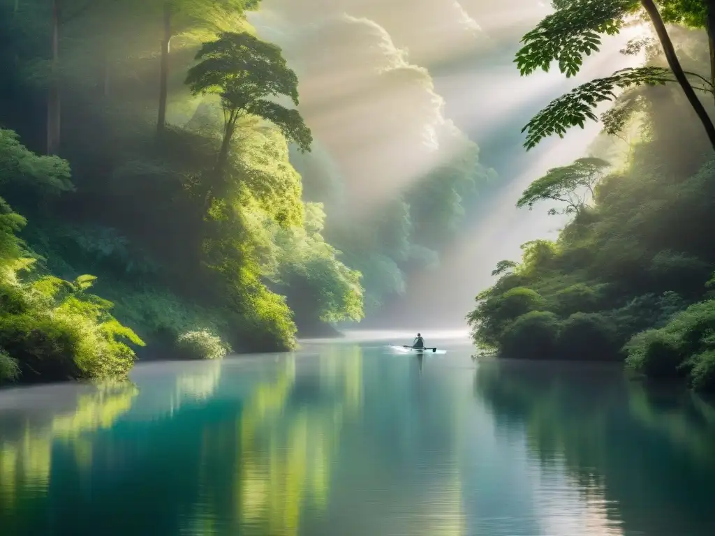 Paddleboarder en río sereno: aventura tranquila Paddleboarding en ríos místicos: Un río sereno entre un bosque místico, con la luz solar filtrándose entre los árboles