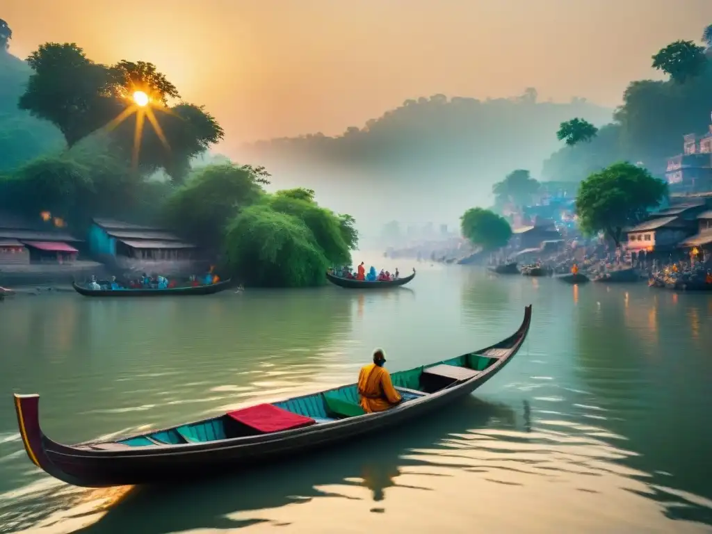 Esplendor del Ganges: Atardecer dorado entre barcas y vegetación Paisaje del Ganges con barcas de madera bajo un atardecer dorado