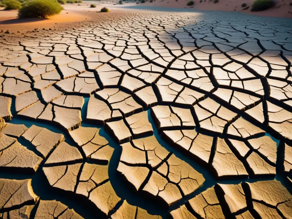 Sequía e impacto del cambio climático: paisaje árido y escasez de agua Un paisaje desolado de un lecho de río agrietado y reseco bajo el sol abrasador, con charcos de agua reflejando el intenso calor