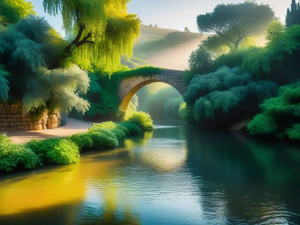 Río Jordán: paisaje sereno y cultural Un paisaje detallado del río Jordán, con aguas serenas y frondosa vegetación, bañado por la luz dorada del sol