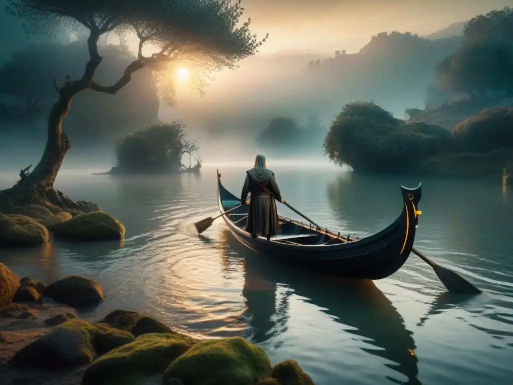 Un paisaje detallado del Río Styx en la mitología griega, con aguas oscuras y un ambiente misterioso, evocando la esencia de la literatura clásica