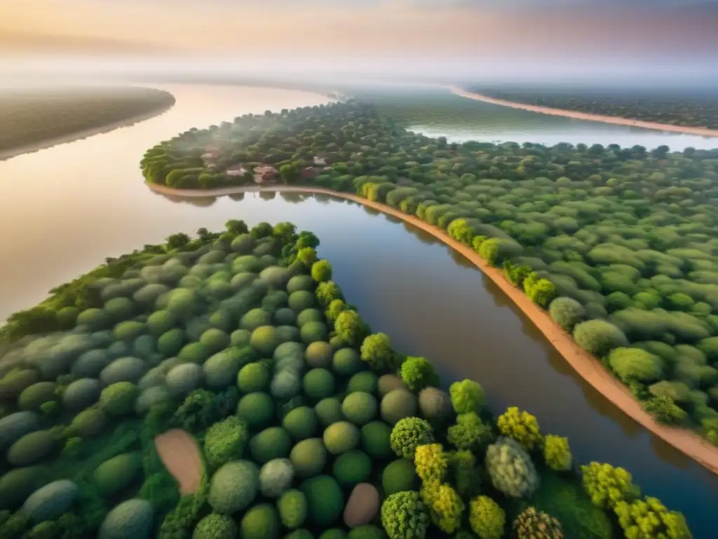 Paisaje dorado de las Rutas del oro corazón África: río Níger serpenteando entre vegetación, aldeas y barcas de madera al atardecer