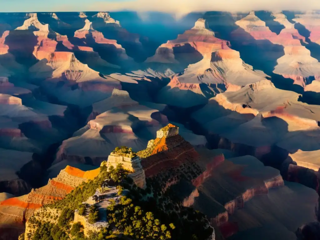 Espléndida imagen del Gran Cañón: historia y erosión en cada detalle Un paisaje épico del Gran Cañón que revela leyendas, ríos y erosión, bañado en la luz dorada del atardecer