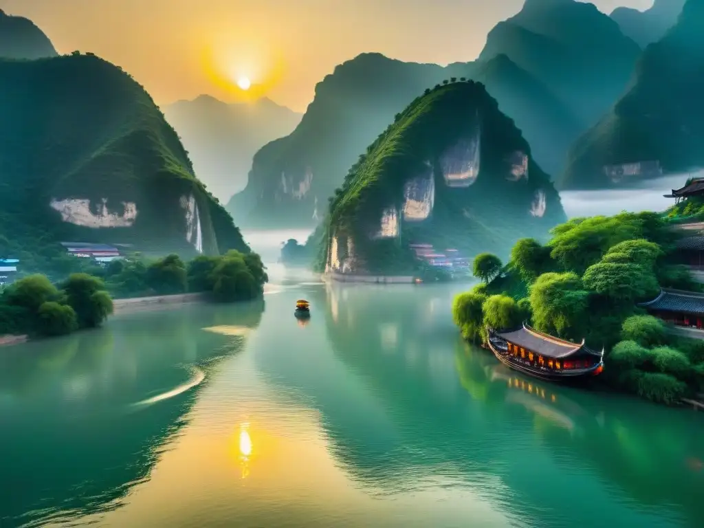 Paisaje mágico del río Yangtsé al atardecer Paisaje mágico del Río Yangtsé al atardecer con barcas pesqueras chinas, reflejos dorados y pagodas en la distancia