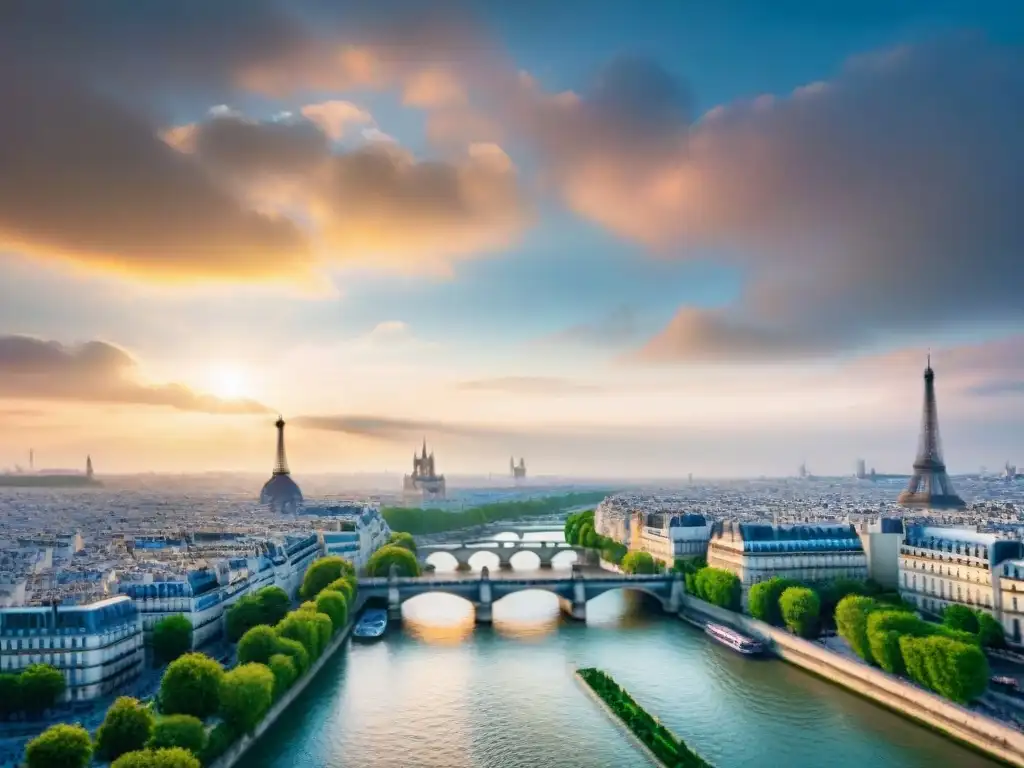 Puesta de sol en el Sena: poesía parisina Paisaje mágico al atardecer en París con la silueta de la Torre Eiffel y la Catedral de Notre Dame reflejadas en el Sena