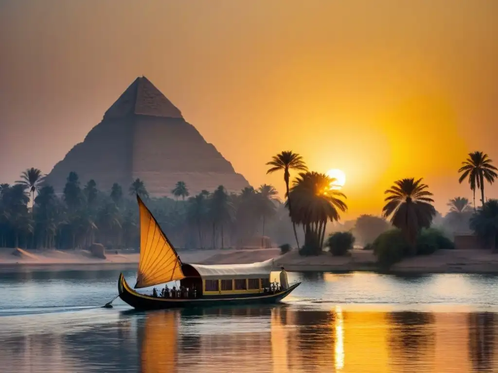 Paisaje mágico del Nilo al atardecer con un templo egipcio antiguo iluminado, barca y palmeras