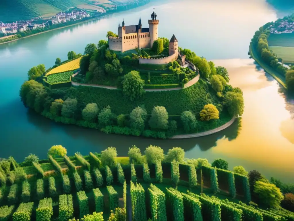 Rin dorado: castillos medievales y viñedos en un atardecer mágico Un paisaje mágico del río Rin con viñedos verdes, castillos medievales y un atardecer dorado