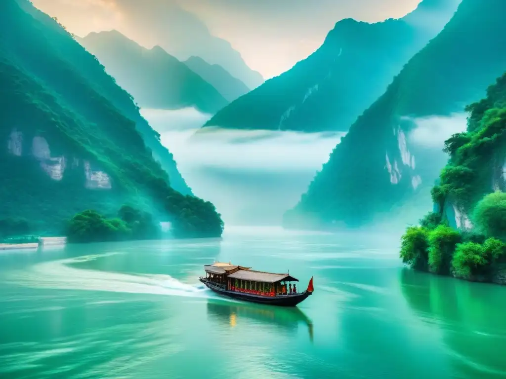 Río Yangtsé: belleza natural y serenidad Un paisaje misterioso y sereno del río Yangtsé, con un barco chino navegando en sus aguas tranquilas