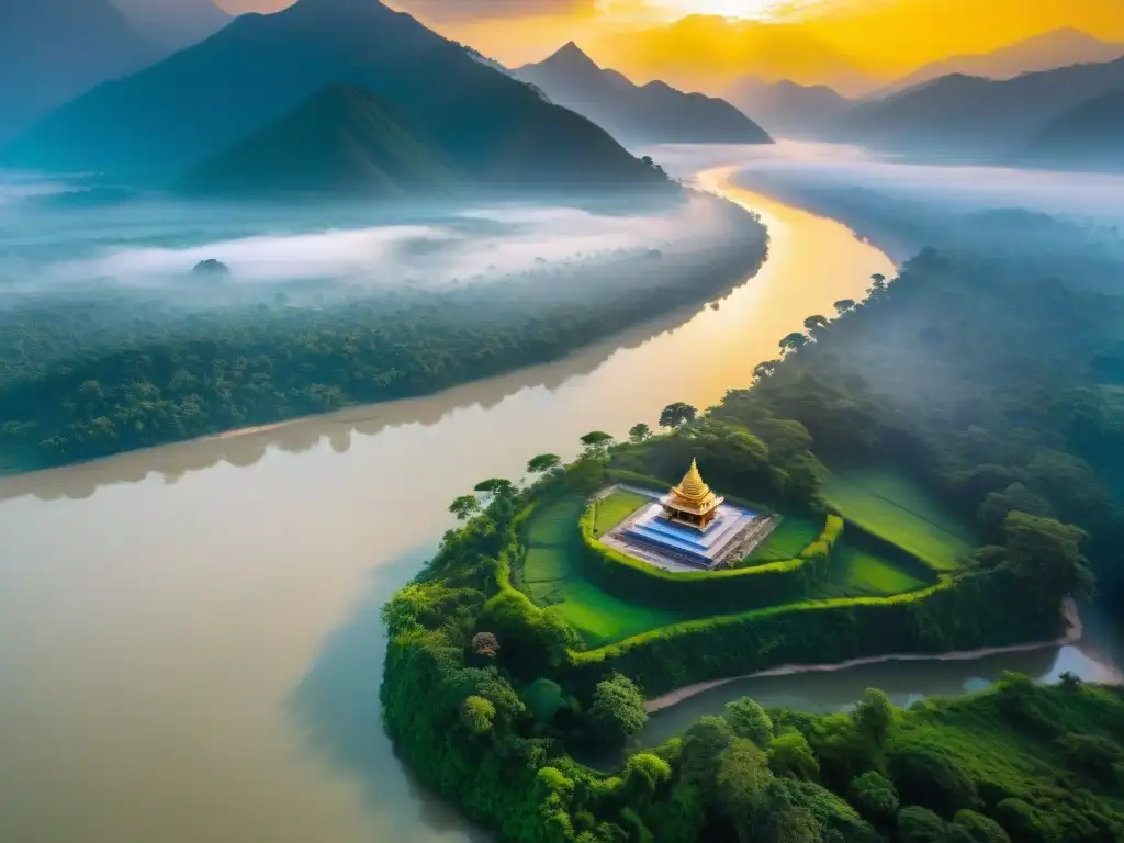 Río Brahmaputra: cultura y espiritualidad en India Paisaje místico del río Brahmaputra con deidades y demonios en India