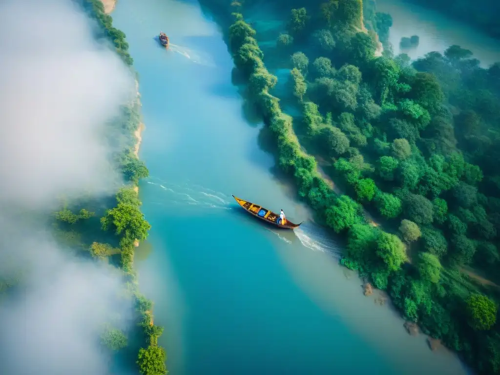 Esencia sagrada: el Ganges serpenteando entre verdor Paisaje místico del Ganges serpenteando entre vegetación exuberante, reflejando la representación del Ganges en literatura