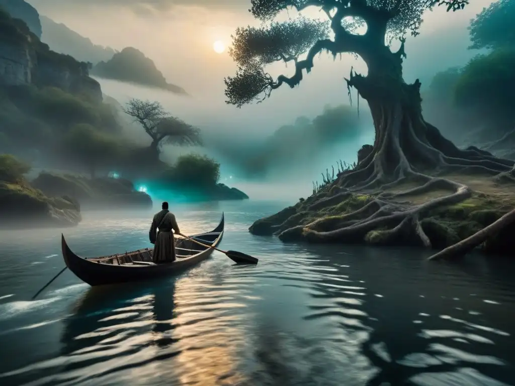Un paisaje oscuro y misterioso del Río Styx en la mitología clásica, con árboles retorcidos y el barco de Caronte