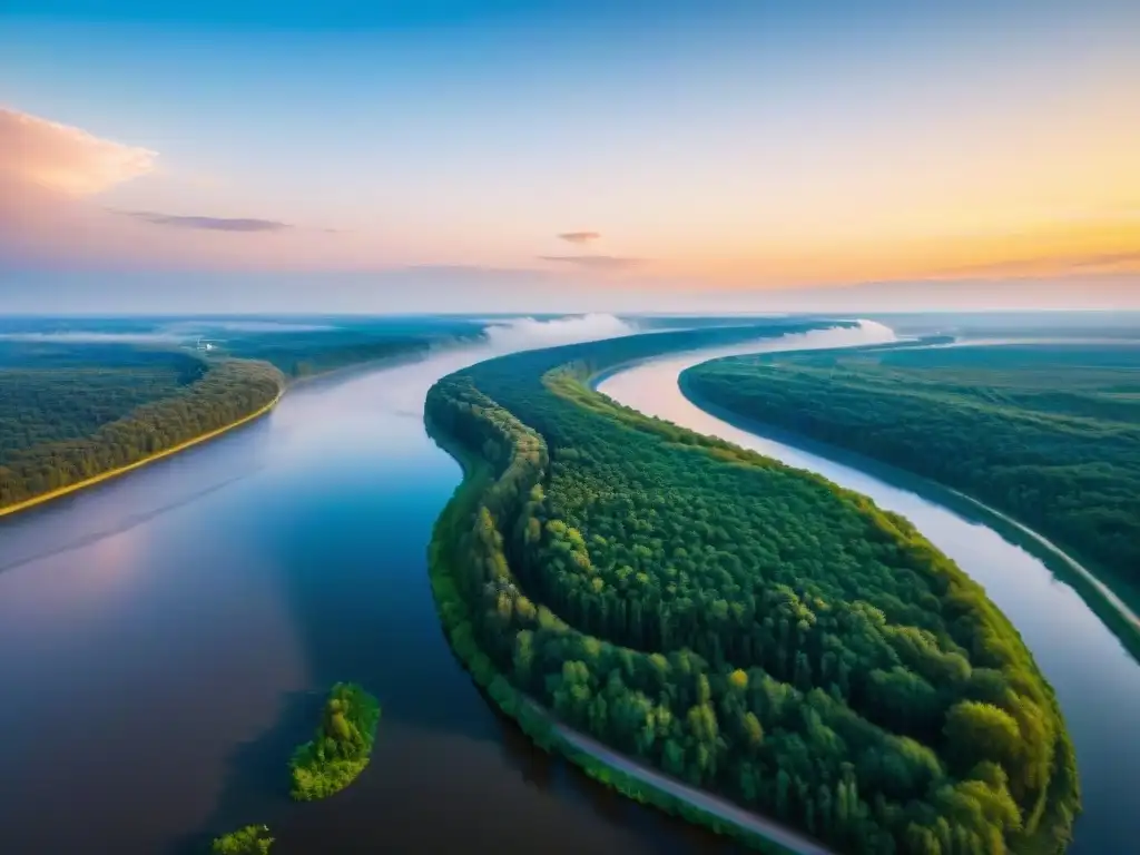 Esplendor del río Volga al atardecer Paisaje sereno del majestuoso Río Volga en Rusia, ideal para retiros exclusivos en la naturaleza
