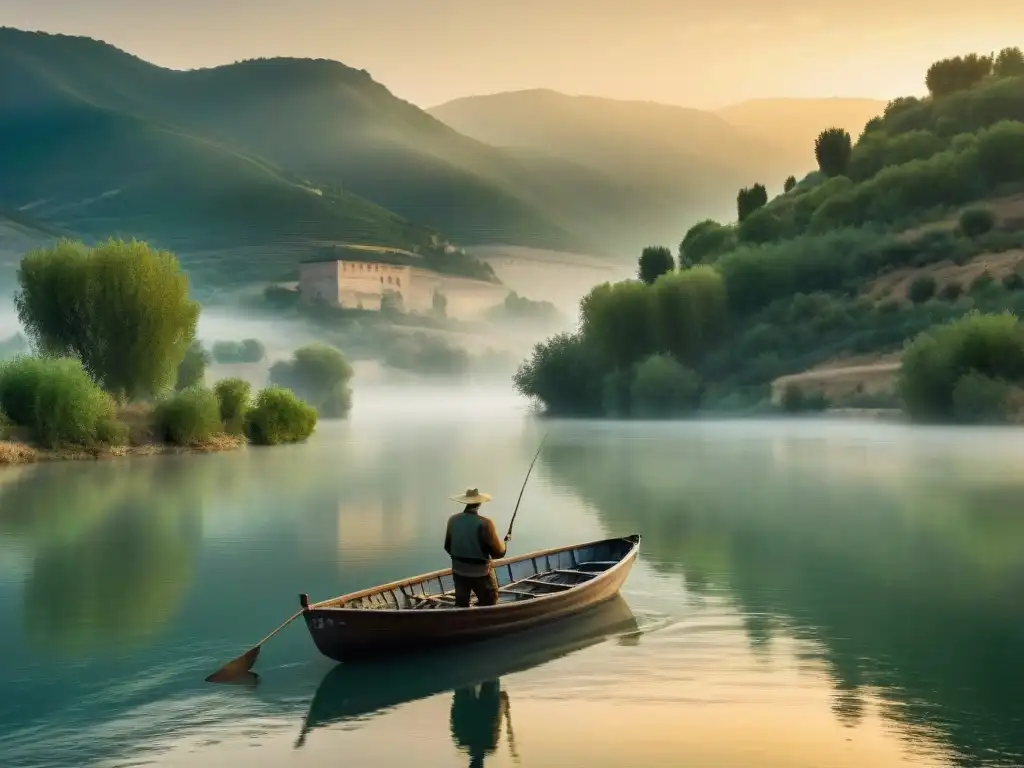 Pescador al amanecer en el río Ebro: serenidad y naturaleza Paisaje sereno del río Ebro al amanecer con pescador en bote de madera